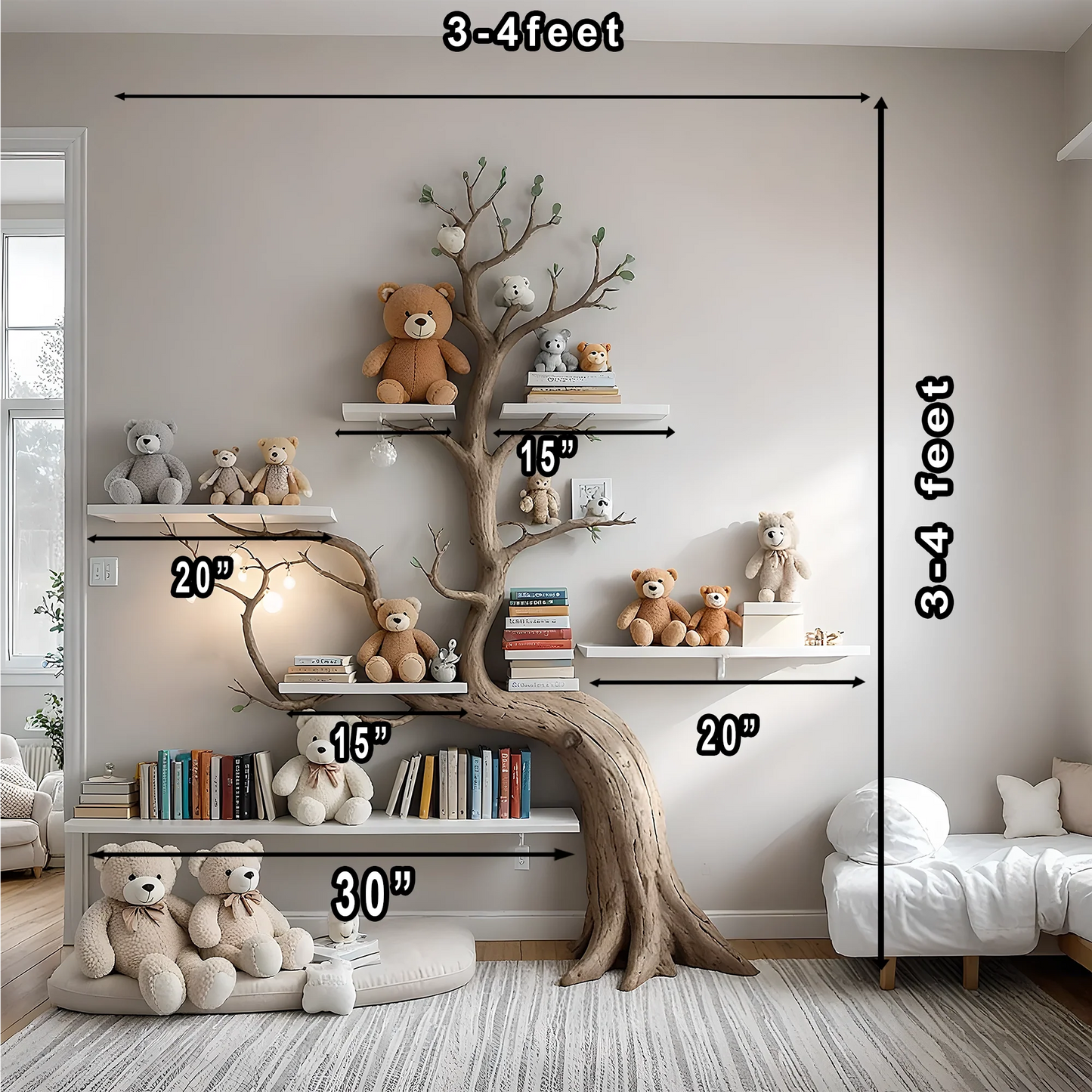Artistic wall-mounted bookshelf for children - Unique design made of solid wood, toy storage shelf for children.