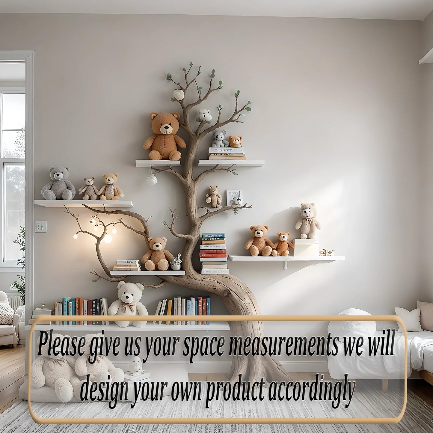 Artistic wall-mounted bookshelf for children - Unique design made of solid wood, toy storage shelf for children.