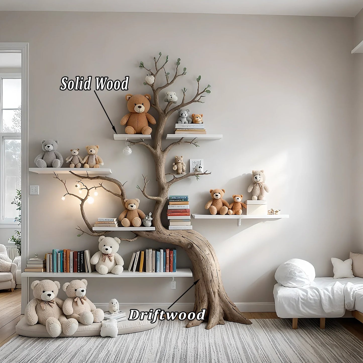 Artistic wall-mounted bookshelf for children - Unique design made of solid wood, toy storage shelf for children.