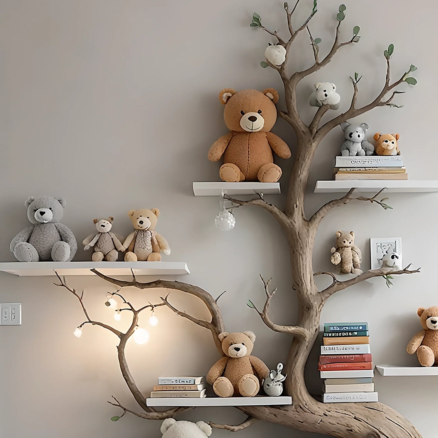 Artistic wall-mounted bookshelf for children - Unique design made of solid wood, toy storage shelf for children.