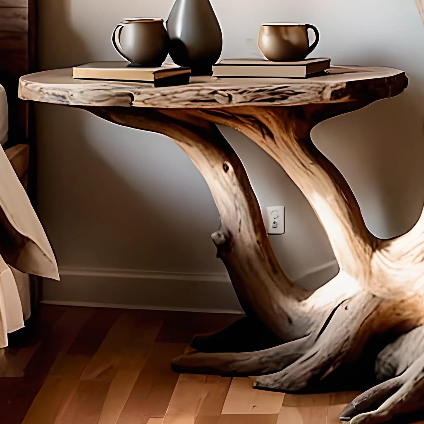 Bedside table with lamp, tree shaped bedside table, solid wood bedside table.