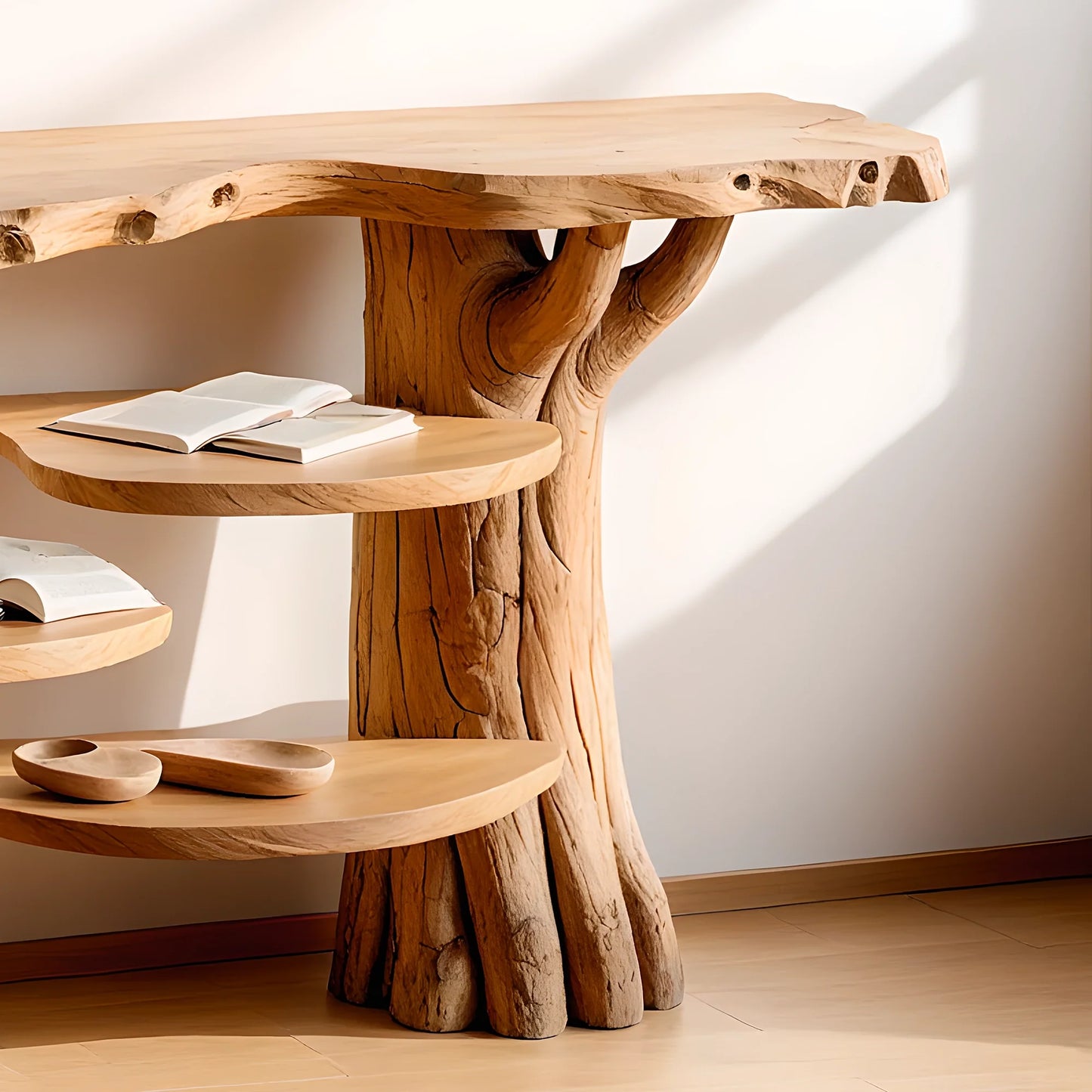 modern console table, console table with floating shelf, driftwood table.