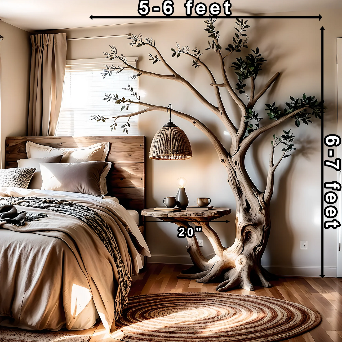 Bedside table with lamp, tree shaped bedside table, solid wood bedside table.