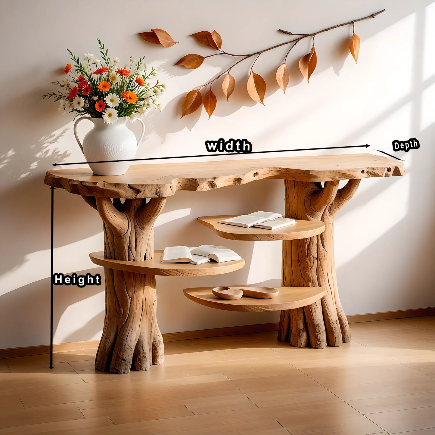 modern console table, console table with floating shelf, driftwood table.