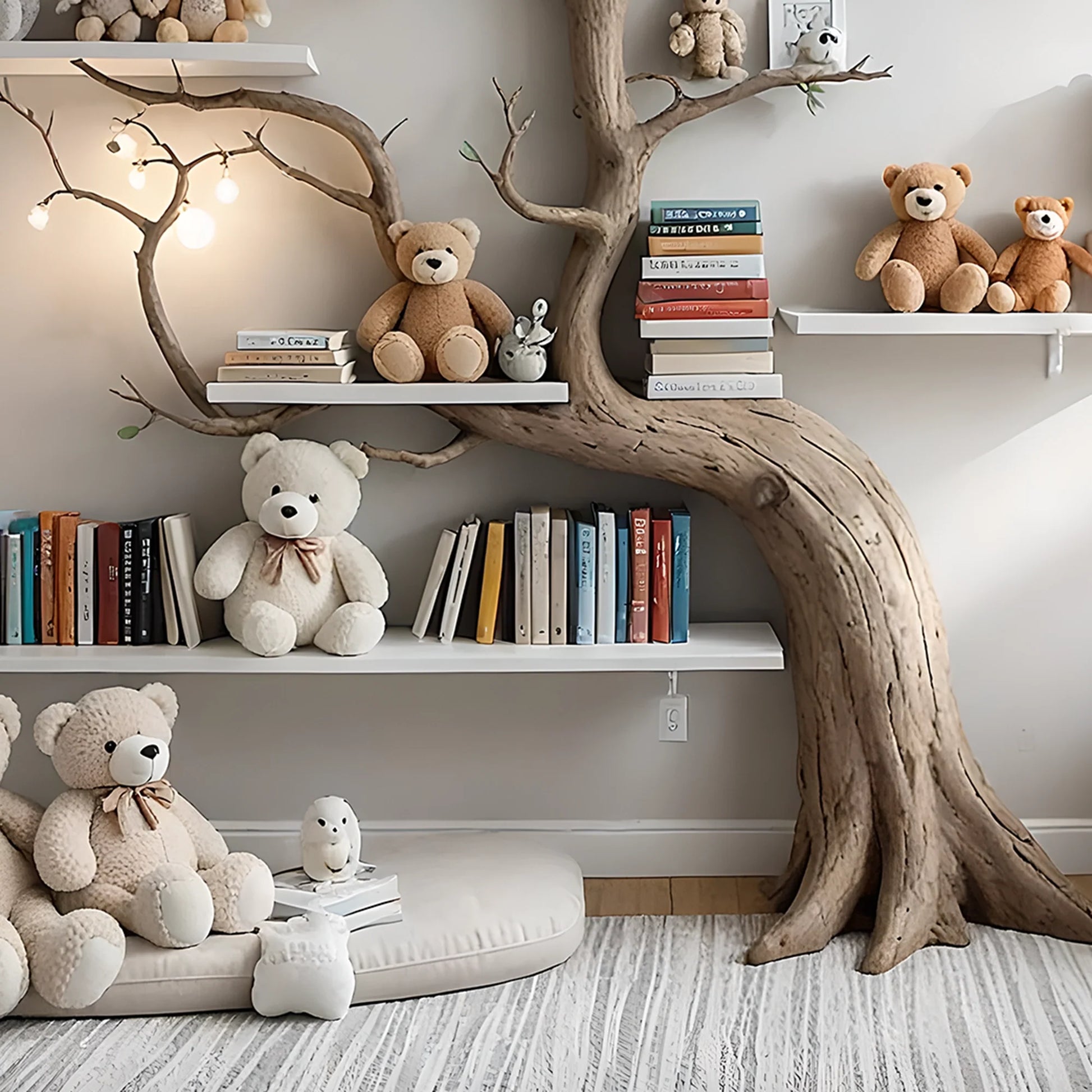 Artistic wall-mounted bookshelf for children - Unique design made of solid wood, toy storage shelf for children. 