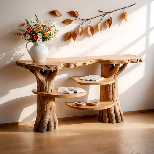 modern console table, console table with floating shelf, driftwood table. 