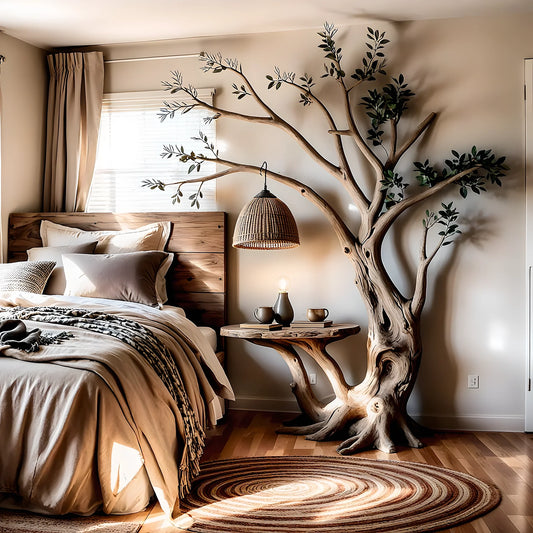 Bedside table with lamp, tree shaped bedside table, solid wood bedside table. 
