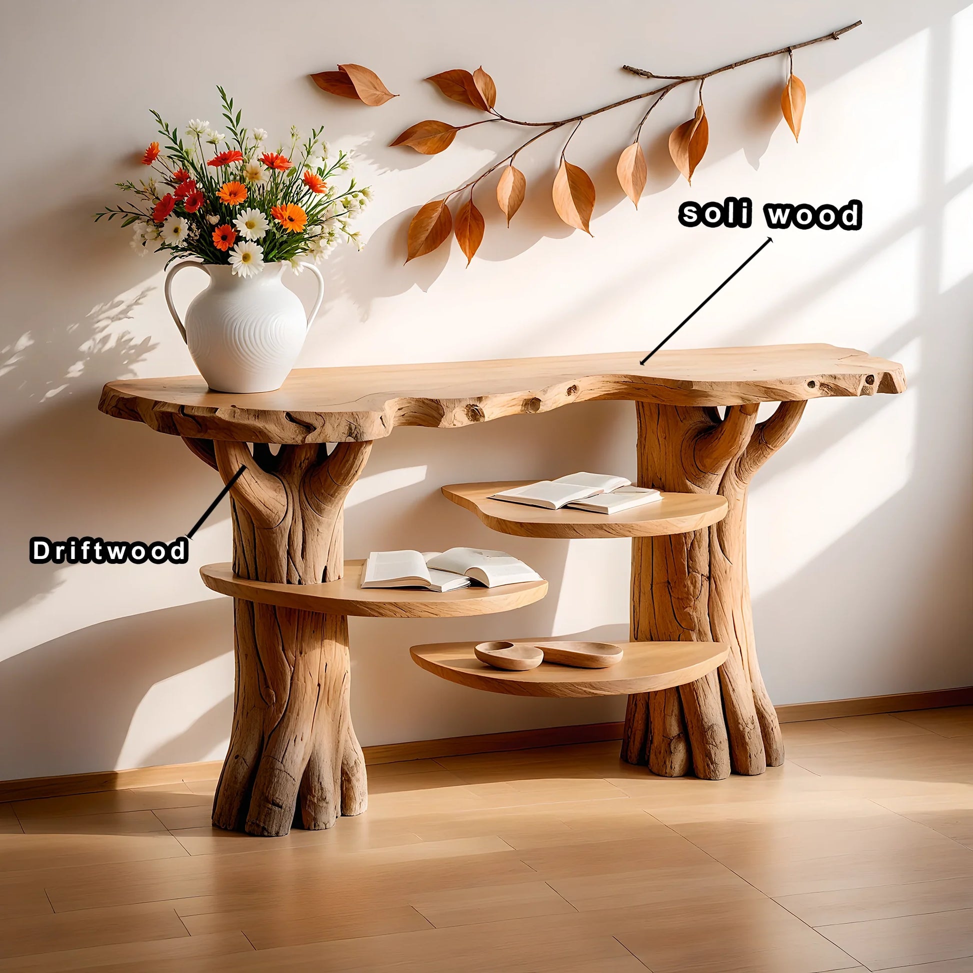 modern console table, console table with floating shelf, driftwood table. 